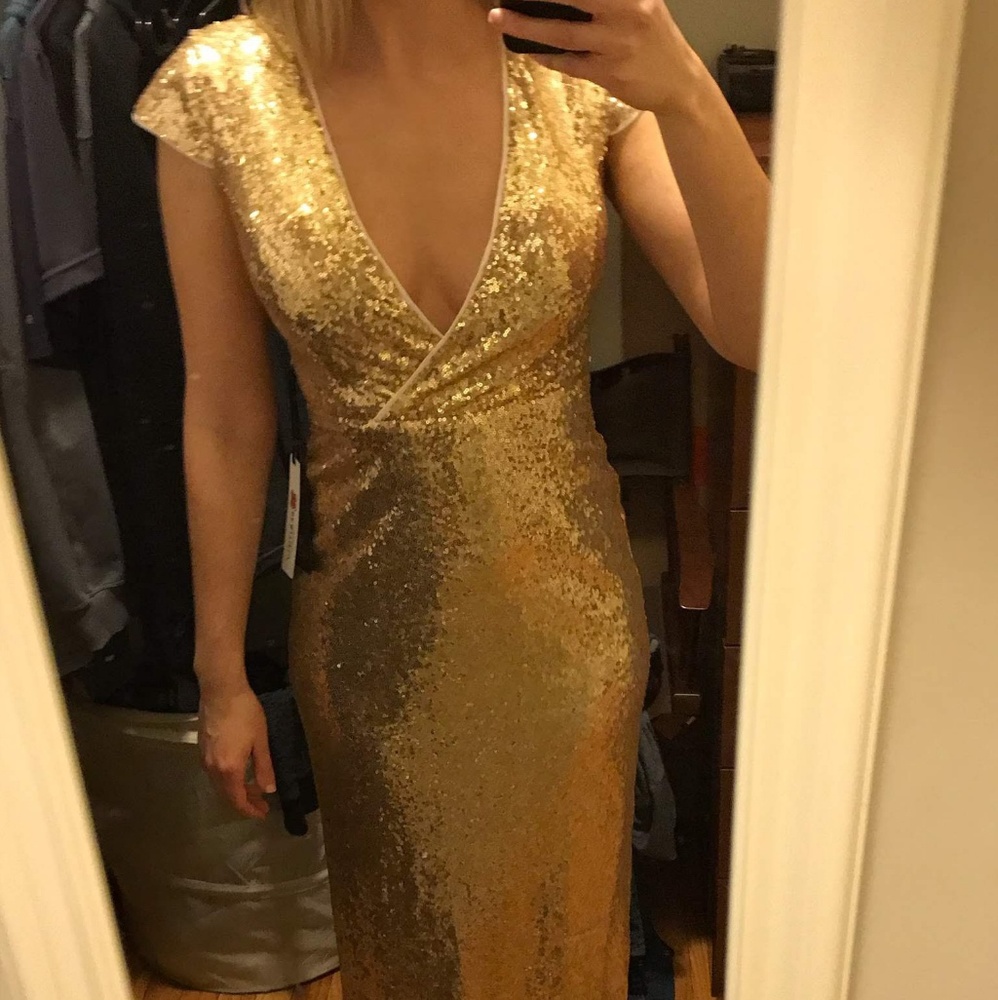 Deep V-Neck Light Gold Sequin Gown